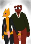  angus_(nitw) asomium bear blush canine clothing fox girly grabbing_dick gregg_(nitw) legwear male male/male mammal night_in_the_woods penis simple_background thigh_highs 