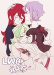  blush brown_hair choker closed_eyes commentary_request croix_meridies diana_cavendish hand_on_head hug imminent_kiss kagari_atsuko little_witch_academia long_hair multiple_girls mw_p ponytail purple_hair red_hair shiny_chariot short_hair smile tears yuri 