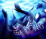  2013 5_fingers anthro black_hair blue_eyes breasts clothed clothing feline female fur grey_fur hair mammal neotheta smile solo spots spotted_fur underwater water white_spots 