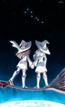  aqua_hair arm_up boots broom broom_riding brown_hair constellation diana_cavendish dress eliln facing_away from_behind hat highres holding_hands kagari_atsuko knee_boots little_witch_academia long_hair long_sleeves multicolored_hair multiple_girls multiple_riders night night_sky outstretched_arm signature sky space standing star_(sky) straight_hair two-tone_hair waving wavy_hair white_dress white_footwear white_hair white_hat witch witch_hat 