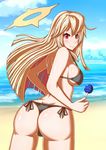  1girl ahoge arc_system_works artist_request ass bare_shoulders bikini blonde_hair blush breasts butt_crack candy dimples_of_venus from_behind guilty_gear guilty_gear_xrd guilty_gear_xrd:_revelator halo huge_ass jack-o_(guilty_gear) jack-o_valentine large_breasts lollipop long_hair looking_at_viewer multicolored_hair red_eyes red_hair shiny shiny_hair shiny_skin sideboob smile solo swimsuit thong thong_bikini very_long_hair 