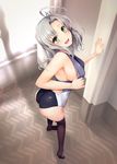  8000 ahoge arm_support ass breasts competition_swimsuit floor from_above green_eyes indoors kantai_collection kinugasa_(kantai_collection) large_breasts leaning_forward long_hair looking_at_viewer looking_up no_shoes one-piece_swimsuit sideboob silver_hair solo swimsuit thighhighs 