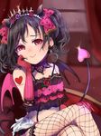 asymmetrical_wings beniko08 black_hair black_wings bow choker collarbone crop_top crossed_legs demon_tail elbow_gloves fishnet_legwear fishnets flower gloves hair_flower hair_ornament hand_on_own_knee heart heart-shaped_pupils highres horns indoors long_hair looking_at_viewer love_live! love_live!_school_idol_festival love_live!_school_idol_project midriff pink_bow pink_wings polka_dot polka_dot_bow purple_flower red_eyes red_flower red_gloves sitting smile solo stomach symbol-shaped_pupils tail twintails vertical-striped_gloves wings yazawa_nico 