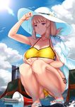  bag bangs bikini blue_sky blush breast_hold breasts chaldea_lifesavers cleavage closed_mouth cloud cloudy_sky collarbone collared_shirt day dress_shirt eyebrows_visible_through_hair fate/grand_order fate_(series) florence_nightingale_(fate/grand_order) frown hair_ribbon half-closed_eyes hat highres hitotsuki_nebura holding jacket_on_shoulders large_breasts legs_together long_hair megaphone open_clothes open_shirt outdoors pink_hair red_eyes ribbon ringed_eyes sandals shirt shirt_on_shoulders short_sleeves shoulder_bag side-tie_bikini sidelocks sky solo squatting sun_hat sweat swimsuit test_tube thighs tsurime underboob white_shirt yellow_bikini 