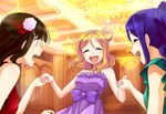  ^_^ ballroom bangs black_hair blonde_hair blue_hair blunt_bangs bow braid closed_eyes commentary crown_braid dress flower frilled_dress frills green_nails hair_flower hair_ornament hair_rings hairpin holding_hands jewelry kurosawa_dia long_hair lourie love_live! love_live!_sunshine!! matsuura_kanan multiple_girls nail_polish necklace no_mole ohara_mari open_mouth ponytail purple_bow purple_dress purple_nails red_nails smile strapless strapless_dress 