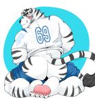 black_fur blue_eyes blush butt clothed clothing feet feline fur looking_back male mammal muscular muscular_male pants_down partially_clothed pawpads presenting schwarzfox shirt shorts stripes tiger toes undressing white_fur 