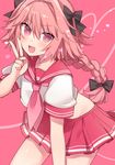  astolfo_(fate) braid fate/apocrypha fate/grand_order fate_(series) hair_ribbon karokuchitose long_hair looking_at_viewer male_focus neckerchief one_eye_closed open_mouth otoko_no_ko pink_hair pleated_skirt purple_eyes red_sailor_collar red_skirt ribbon sailor_collar school_uniform serafuku single_braid skirt solo v 