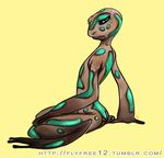  2013 ambiguous_gender amphibian anthro arm_support axel464 bedroom_eyes brown_skin digital_drawing_(artwork) digital_media_(artwork) digitigrade english_text eyelashes flat_chested frog full-length_portrait girly green_and_black_poison_dart_frog green_skin green_spots half-closed_eyes hand_on_leg highland_bronze_dart_frog looking_back nude poison_dart_frog portrait pose rear_view seductive short_tail simple_background sitting small_tail solo spots text tumblr wariza watermark yellow_background 