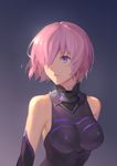  1girl arms_at_sides bare_shoulders black_clothes black_gloves blush breasts closed_mouth dawn elbow_gloves eyebrows_visible_through_hair fate/grand_order fate_(series) female gloves gradient gradient_background hair_over_one_eye highres large_breasts neck night pink_hair purple_eyes shielder_(fate/grand_order) shiny shiny_hair short_hair sleeveless solo type-moon upper_body warrior 