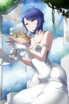  bare_shoulders bird blue_hair bouquet breasts cleavage commentary_request dress flower gloves holding holding_bouquet idolmaster idolmaster_cinderella_girls jewelry medium_breasts pigeon rerere short_hair smile solo wakui_rumi wedding_dress white_gloves yellow_eyes 