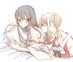  akagi_(kantai_collection) bare_shoulders black_hair blonde_hair blush bra breasts closed_eyes commentary_request eyebrows_visible_through_hair graf_zeppelin_(kantai_collection) hair_between_eyes heart hickey japanese_clothes kantai_collection kimono kiss long_hair long_sleeves medium_breasts multiple_girls pillow pillow_hug sanpachishiki_(gyokusai-jima) sidelocks simple_background straight_hair sweatdrop tareme translated twintails underwear white_background yuri 