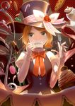  alice_in_musicland_(vocaloid) black_hat blonde_hair blush bow cake cup eyebrows_visible_through_hair food fork green_eyes hat hat_ribbon highres holding holding_fork kagamine_rin looking_at_viewer nail_polish parted_lips plate red_bow red_ribbon ribbon short_hair smile solo table teacup teapot tiered_tray top_hat vocaloid white_ribbon wrist_cuffs yellow_nails zhong_(cy1213som) 