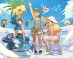  3girls ;d alolan_exeggutor alolan_form arm_up armpits balcony bangs bare_arms bare_shoulders bean_bag_chair blonde_hair blue_eyes blue_hair blue_pants blue_ribbon blue_sailor_collar blue_sky blunt_bangs bounsweet braid breasts bright_pupils capri_pants chair closed_mouth cloud commentary_request dark_skin day dress eden_(edenaldojj) eyebrows_visible_through_hair flower from_behind gen_7_pokemon green_eyes green_footwear green_hair hair_flower hair_ornament hairband hand_rest hat hat_ribbon highres kneehighs light_particles lillie_(pokemon) litten long_hair looking_at_viewer looking_back mao_(pokemon) multiple_girls one-piece_swimsuit one_eye_closed open_mouth outdoors overalls pants pink_shirt pokemon pokemon_(creature) pokemon_(game) pokemon_sm popplio ribbon rowlet sailor_collar see-through shirt shoes short_hair sitting sky sleeping sleeveless sleeveless_dress sleeveless_shirt small_breasts smile standing strapless suiren_(pokemon) sun_hat sundress swept_bangs swimsuit swimsuit_under_clothes teeth trial_captain tubetop twin_braids twintails waving white_dress white_footwear white_hat white_legwear white_shirt wooden_floor yellow_hairband zzz 