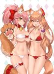  animal_ear_fluff animal_ears bangs bare_shoulders bikini blush bow bracelet breast_press breasts brown_hair cat_hair_ornament cat_paws choker cleavage collar commentary_request eyebrows fang fate/extra fate/extra_ccc fate/extra_ccc_fox_tail fate/grand_order fate_(series) flower fox_ears fox_shadow_puppet fox_tail gloves hair_bow hair_flower hair_ornament hand_up highres hips jewelry large_breasts long_hair looking_at_viewer multiple_girls navel one_eye_closed open_mouth paw_gloves paw_shoes paws pink_hair ponytail red_bikini shoes side-tie_bikini sidelocks simple_background smile strapless strapless_bikini suzuka_gozen_(fate) swimsuit symmetrical_docking tail tamamo_(fate)_(all) tamamo_cat_(fate) thigh_strap white_background white_bikini yaman yellow_eyes 