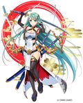  absurdly_long_hair ahoge black_gloves black_legwear blue_eyes blush breasts cleavage company_name earrings elbow_gloves eyebrows_visible_through_hair full_body gloves green_hair heart heart_earrings holding holding_sword holding_weapon jewelry large_breasts long_hair looking_at_viewer murakami_yuichi official_art oshiro_project oshiro_project_re sheath sheathed smile solo sword thighhighs tokugawa_osaka_(oshiro_project) very_long_hair weapon 