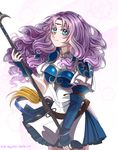  armor blue_eyes breastplate curly_hair elbow_gloves fingerless_gloves fire_emblem fire_emblem:_rekka_no_ken florina gloves halberd highres holding holding_weapon long_hair looking_at_viewer pauldrons polearm purple_hair simple_background skirt smile solo tempe weapon 