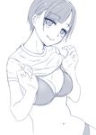  bangs bikini blush breasts cleavage closed_mouth eyebrows_visible_through_hair greyscale hi_iro lifted_by_self lineart looking_at_viewer medium_breasts monochrome navel original shirt shirt_lift short_hair short_sleeves simple_background smile solo swimsuit t-shirt upper_body very_short_hair 