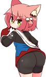  7th_dragon 7th_dragon_(series) :&lt; animal_ears ass blush cat_ears chibi fighter_(7th_dragon) gloves green_eyes hair_bobbles hair_ornament harukara_(7th_dragon) naga_u pink_hair red_gloves short_hair solo 