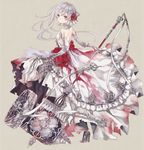  asymmetrical_hair bangs commentary_request dress frills from_side full_body grey_background grey_eyes grey_hair holding looking_at_viewer looking_back oro_ponzu silver_hair simple_background sinoalice snow_white_(sinoalice) solo standing white_dress 