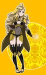  blonde_hair book breasts cape cleavage cleavage_cutout curly_hair fire_emblem fire_emblem_if highres holding holding_book medium_breasts ophelia_(fire_emblem_if) smile solo tempe thighhighs 