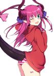  ;d arm_up ass blue_eyes dragon_tail elizabeth_bathory_(fate) elizabeth_bathory_(fate)_(all) fang fate/grand_order fate_(series) from_side haruyuki_(yukichasoba) highres hood hoodie horns jacket long_hair looking_back no_pants one_eye_closed open_mouth panties pink_hair pointy_ears ribbon smile solo striped striped_panties tail twintails two_side_up underwear v 