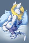  blonde_hair blue_eyes claws clothing cutie_mark dragon equine evehly eyelashes fan_character feathered_wings feathers female feral hair hi_res hybrid lingerie mammal my_little_pony pegasus smile solo spines white_feathers wings 
