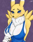  2017 anthro big_breasts blue_eyes blush breast_grab breasts canine clothing cooliehigh digimon female fox fur hand_on_breast mammal renamon smaller_version_at_source solo tuft white_fur yellow_fur 