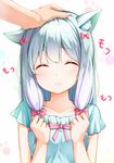  animal_ears bangs blouse blue_blouse blush bow cat_ears closed_eyes closed_mouth commentary_request eromanga_sensei hair_bow hands_up izumi_sagiri na53 out_of_frame petting pink_bow short_sleeves silver_hair solo_focus upper_body 