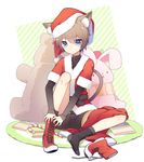  animal_ears ankle_boots black_legwear blue_eyes blush boots brown_hair cat_ears cat_tail catboy cross-laced_footwear full_body hat highres lace-up_boots male_focus muma_feifei original putting_on_boots putting_on_shoes red_footwear santa_costume santa_hat socks solo sweatdrop tail 