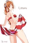  artist_name ass bad_anatomy bad_arm bare_arms bare_legs bare_shoulders brown_eyes brown_hair character_name choker dated denkitori from_behind headdress highres kantai_collection littorio_(kantai_collection) long_hair open_mouth ponytail simple_background solo towel white_background 