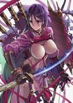  arm_guards armor arrow black_gloves blue_eyes bodysuit bow_(weapon) breasts commentary_request covered_navel covered_nipples elbow_gloves fate/grand_order fate_(series) fingerless_gloves floral_print gloves holding holding_weapon japanese_armor japanese_clothes katana large_breasts long_hair looking_to_the_side low-tied_long_hair minamoto_no_raikou_(fate/grand_order) purple_hair purple_shirt ribbed_sleeves rope sheath shirt solo sword tassel turtleneck very_long_hair weapon yahako 