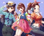  alternate_costume alternate_hairstyle animal_print bag bangs belt blue_background blue_neckwear blue_shirt blush braid breast_pocket breasts brown_eyes brown_hair bunny_hair_ornament bunny_print cleavage clenched_hands collarbone collared_shirt cowboy_shot cruiser_d.va d.va_(overwatch) earrings eyebrows_visible_through_hair eyeshadow facepaint facial_mark female_service_cap gloves grey_neckwear grey_pants hair_ornament hanbok head_scarf headphones heart holding hoop_earrings jewelry knees_together_feet_apart korean_clothes leg_up long_hair long_sleeves looking_at_viewer makeup medium_breasts midriff multiple_girls multiple_persona necktie officer_d.va one_eye_closed outline overwatch palanquin_d.va pants patterned_background pink_lips pink_skirt plaid plaid_shirt pocket police police_uniform policewoman ponytail puckered_lips red_footwear salute shirt shoes short_sleeves skirt smile standing standing_on_one_leg star striped striped_neckwear striped_sleeves swept_bangs tassel tight tight_pants tora_(tora_factory) uniform whisker_markings white_gloves 