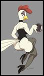  2017 anthro avian beak big_butt bird breasts butt chicken clothing cup eyelashes female footwear green_eyes grey_background high_heels mascot robotjoe shoes signature simple_background smile solo state_of_decay 