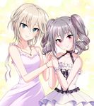  anastasia_(idolmaster) blue_eyes blush breasts commentary_request dress drill_hair highres holding_hands idolmaster idolmaster_cinderella_girls jewelry kanzaki_ranko long_hair looking_at_viewer medium_breasts multiple_girls necklace popon_ta red_eyes short_hair silver_hair smile twin_drills white_dress 