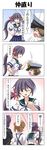  &gt;_&lt; 3girls 4koma akebono_(kantai_collection) bell brown_hair closed_eyes comic commentary crying double_bun dress epaulettes eyebrows_visible_through_hair flower gradient gradient_background hair_bell hair_between_eyes hair_flower hair_ornament hand_behind_head hand_on_another's_head hand_on_hip hat highres hug jingle_bell kantai_collection light_brown_hair little_boy_admiral_(kantai_collection) long_hair long_sleeves looking_at_viewer michishio_(kantai_collection) military military_hat military_uniform multiple_girls one_eye_closed open_mouth peaked_cap pointing pointing_at_viewer pov purple_eyes purple_hair rappa_(rappaya) school_uniform serafuku short_hair short_sleeves side_ponytail sidelocks sigh smile streaming_tears suspenders tatsuta_(kantai_collection) tears translated uniform 