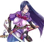  absurdres black_gloves black_hair bodysuit breasts covered_nipples fate/grand_order fate_(series) fingerless_gloves gloves highres holding holding_sword holding_weapon katana large_breasts long_hair minamoto_no_raikou_(fate/grand_order) open_mouth purple_eyes sheath solo suzuki24 sword teeth tongue weapon 