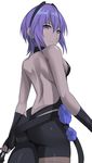  ass back black_gloves breasts dark_skin fate/prototype fate/prototype:_fragments_of_blue_and_silver fate_(series) fingerless_gloves gloves hassan_of_serenity_(fate) holding holding_weapon looking_at_viewer purple_eyes purple_hair shiseki_hirame small_breasts solo weapon white_background 