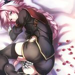  ass astolfo_(fate) blush braid commentary_request crossdressing fang fate/apocrypha fate_(series) garter_straps hair_ribbon highres hip_vent long_hair looking_at_viewer male_focus ohara_hiroki otoko_no_ko pink_hair purple_eyes ribbon single_braid smile solo thighhighs 