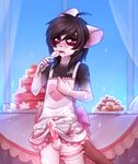  2017 anthro balls black_fur black_hair blush clothed clothing coff crossdressing digital_media_(artwork) erection fur girly hair hi_res looking_at_viewer male mammal mouse open_mouth penis piercing rodent solo sp00nzie standing white_fur 