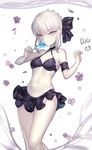  artoria_pendragon_(all) bad_id bad_pixiv_id bare_shoulders black_bow black_ribbon bow breasts cleavage eyebrows_visible_through_hair fate/stay_night fate_(series) food hair_bow highres looking_at_viewer medium_breasts navel popsicle ribbon saber_alter short_hair solo ttaji_(pass35) white_hair white_skin yellow_eyes 