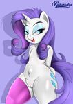  2016 absurd_res anthro blue_eyes clothed clothing cutie_mark equine eyelashes eyeshadow female friendship_is_magic hair half-closed_eyes hi_res horn legwear long_hair makeup mammal my_little_pony navel open_mouth purple_hair pussy rainingskys rarity_(mlp) simple_background solo thigh_highs unicorn 