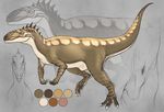  2017 allosaur allosaurus animal_genitalia brown_eyes brown_skin brown_stripes claws cloaca close-up color_swatch cutaway digital_drawing_(artwork) digital_media_(artwork) dinosaur female feral grey_background looking_at_viewer model_sheet multiple_angles open_mouth raised_tail side_view simple_background sketch solo spikes spots stripes teeth theropod white_skin white_spots yaroul 