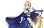  ahoge arm_at_side armor armored_dress artoria_pendragon_(all) bangs blonde_hair blue_cloak blue_dress braid breastplate cloak dress excalibur eyebrows_visible_through_hair fate/stay_night fate_(series) faulds french_braid fur-trimmed_cloak fur_trim gauntlets glowing glowing_sword glowing_weapon green_eyes hand_on_hilt haruato highres light_smile long_sleeves looking_at_viewer outstretched_arm parted_lips planted_sword planted_weapon saber short_hair sidelocks signature simple_background solo standing sword weapon white_background wind 