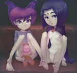  2girls barefoot conoghi covered_navel dc_comics expressionless feet jinx leotard pale_skin raven_(dc) sitting small_breasts smile soles stuffed_toy teen_titans 