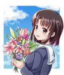  bangs blush bouquet brown_hair eyebrows_visible_through_hair flower from_side highres holding holding_flower katou_megumi looking_at_viewer parted_lips rayhwang saenai_heroine_no_sodatekata school_uniform serafuku short_hair smile solo upper_body windowboxed yellow_eyes 