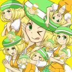  1girl bel_(pokemon) between_breasts blonde_hair blush breasts chibi commentary_request creatures_(company) dress game_freak green_eyes green_hat hat looking_at_viewer nintendo open_mouth pantyhose pokemon pokemon_(game) pokemon_bw ragunaroku short_hair smile solo strap_cleavage 