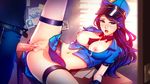  1girl absurdres alternate_costume belt between_breasts blue_eyes blue_skirt blush breasts breasts_outside caitlyn_(league_of_legends) cameo cum cum_in_pussy cum_on_body cum_on_breasts cum_on_clothes cum_on_upper_body desk detached_collar erection facial hat hetero highres jinx_(league_of_legends) large_breasts league_of_legends lips long_hair lying midriff miniskirt missionary moaning navel necktie necktie_between_breasts nipples no_bra no_panties officer_caitlyn on_back on_desk open_mouth paid_reward patreon_reward penis pink_lady_mage police police_hat police_uniform policeman policewoman round_teeth sex signature skirt solo_focus studded_belt teeth thigh_strap uncensored uniform upper_teeth vaginal 