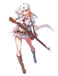  belt belt_pouch blonde_hair blue_eyes blush bolt_action boots brown_footwear cape dress_shirt fangdan_runiu full_body fur_hat fur_trim girls_frontline gloves gun hand_on_own_head hat highres knee_boots long_sleeves looking_at_viewer mosin-nagant mosin-nagant_(girls_frontline) official_art pouch rifle russia shirt skirt smile solo soviet standing star transparent_background ushanka weapon white_gloves white_skirt wood 