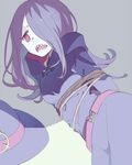  angry bound d: dress hair_over_one_eye hat hat_removed headwear_removed little_witch_academia long_hair open_mouth pale_skin pink_hair purple_hair red_eyes sharp_teeth simple_background solo sou_(tuhut) sucy_manbavaran teeth witch witch_hat 