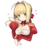  ahoge bangs blush braid closed_mouth cropped_torso epaulettes fate/extra fate_(series) french_braid hair_intakes hair_ribbon hand_up heart juliet_sleeves long_sleeves looking_at_viewer munuko nero_claudius_(fate) nero_claudius_(fate)_(all) puffy_sleeves red_ribbon ribbon sidelocks simple_background smile solo upper_body white_background 